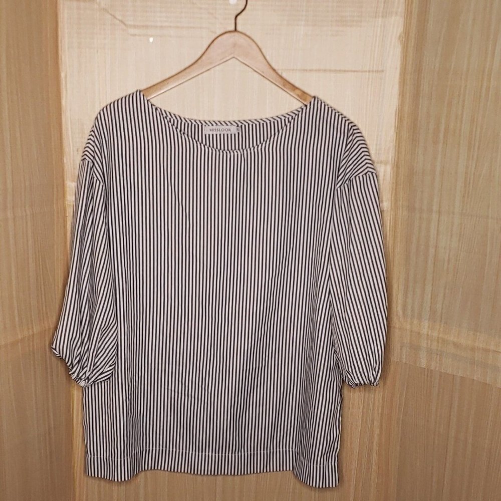 Misslook Womens Blue White Striped Silky Pull Sleeve Blouse XL